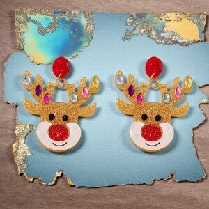🆕Christmas Holiday Reindeer Head Novelty Earrings Glittery Rhinestone Dangle